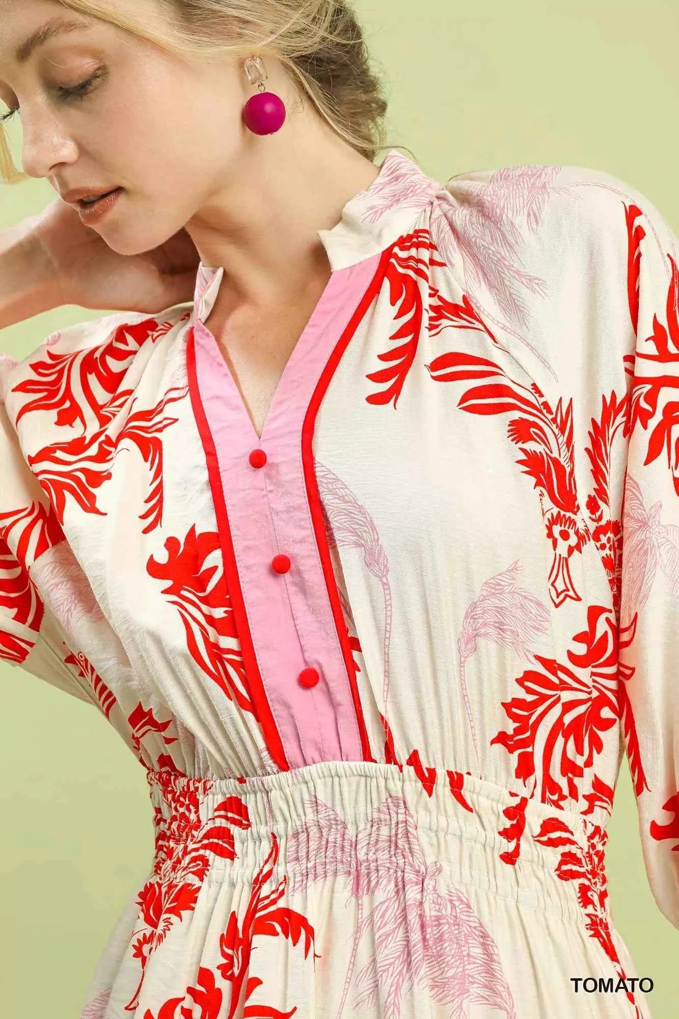 Umgee Tropical Print Button Detail Midi Dress Umgee Tropical Print Button Detail Midi Dress