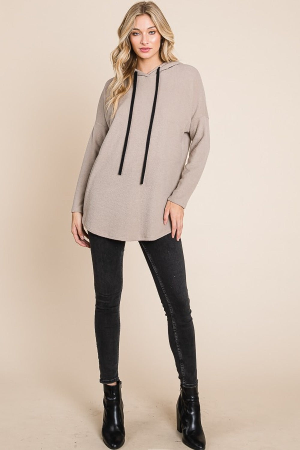 BOMBOM Contrast Drawstring Drop Shoulder Knit Hoodie BOMBOM Contrast Drawstring Drop Shoulder Knit Hoodie