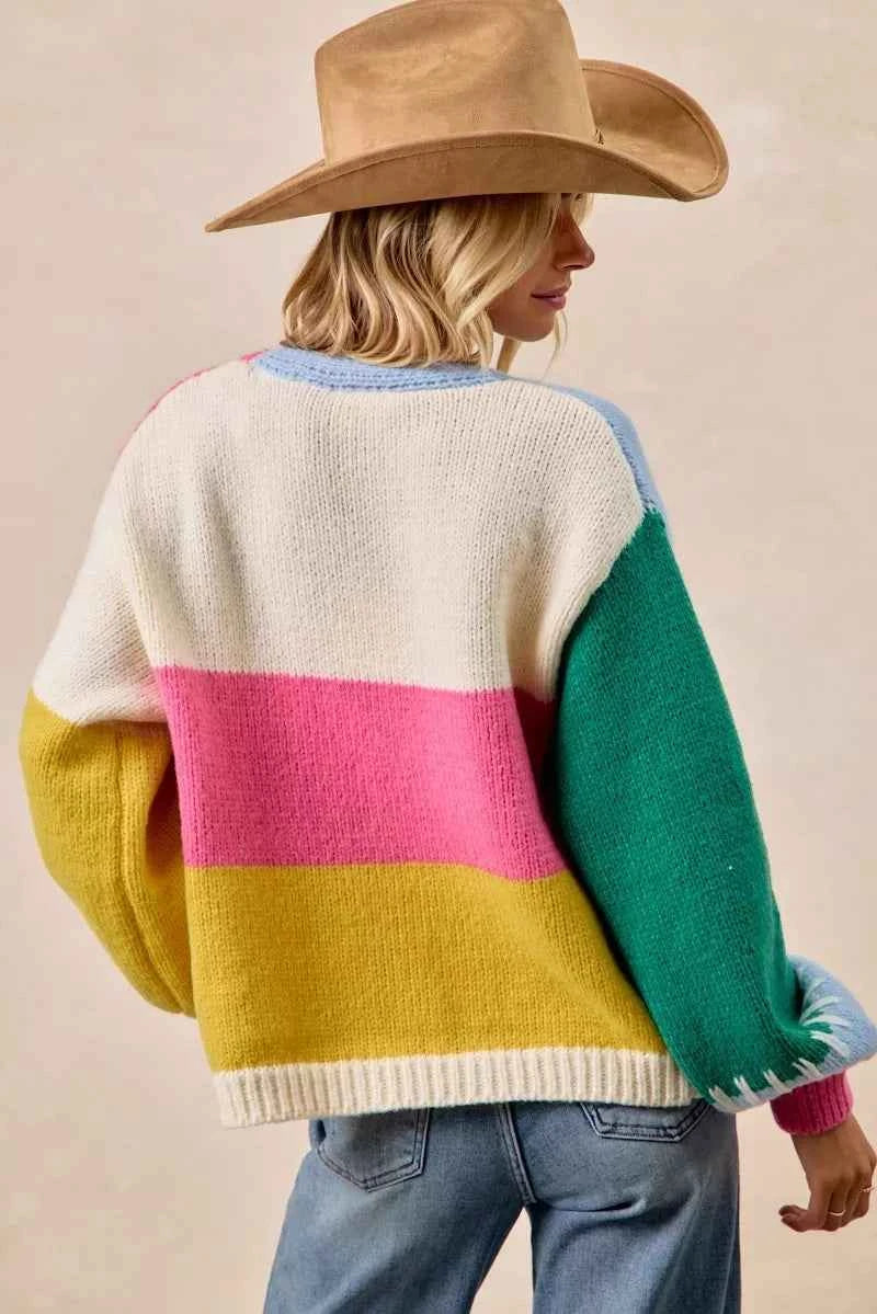 BiBi Color Block Open Front Sweater Cardigan BiBi Color Block Open Front Sweater Cardigan