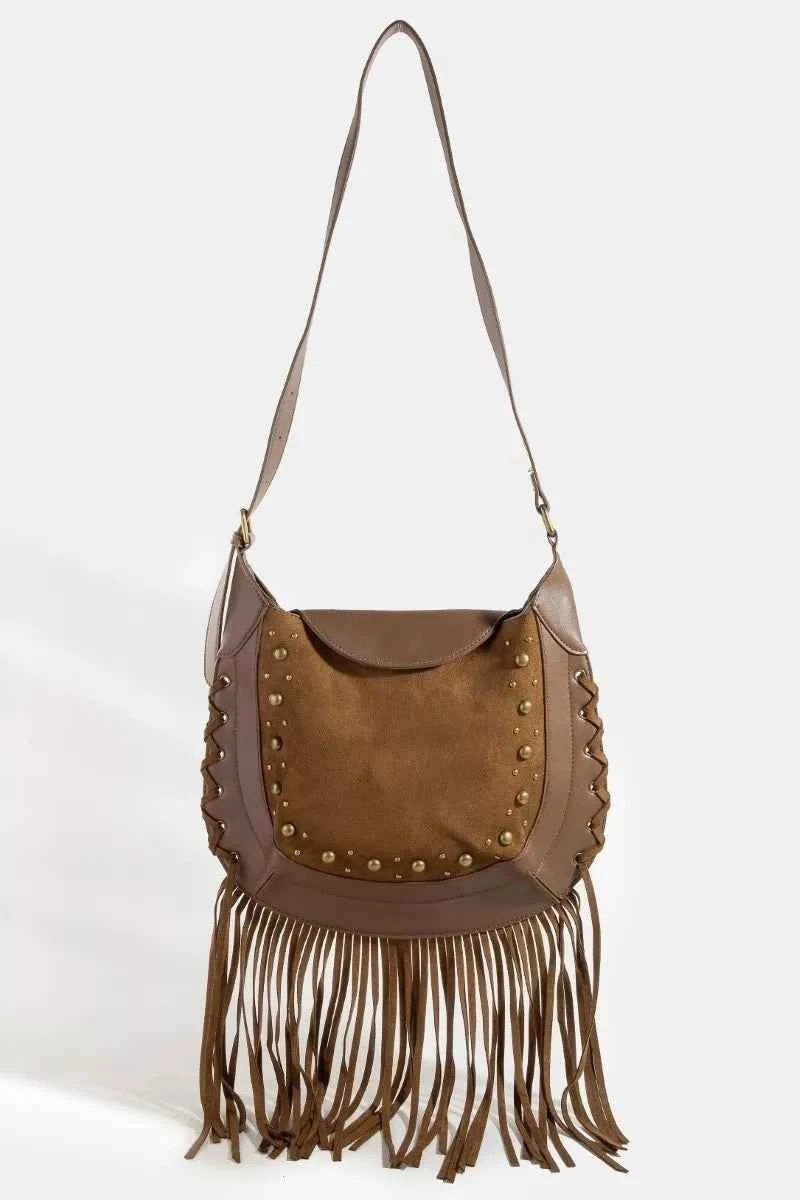 Fame Rivet Trim Suede Fringe Shoulder Bag Fame Rivet Trim Suede Fringe Shoulder Bag