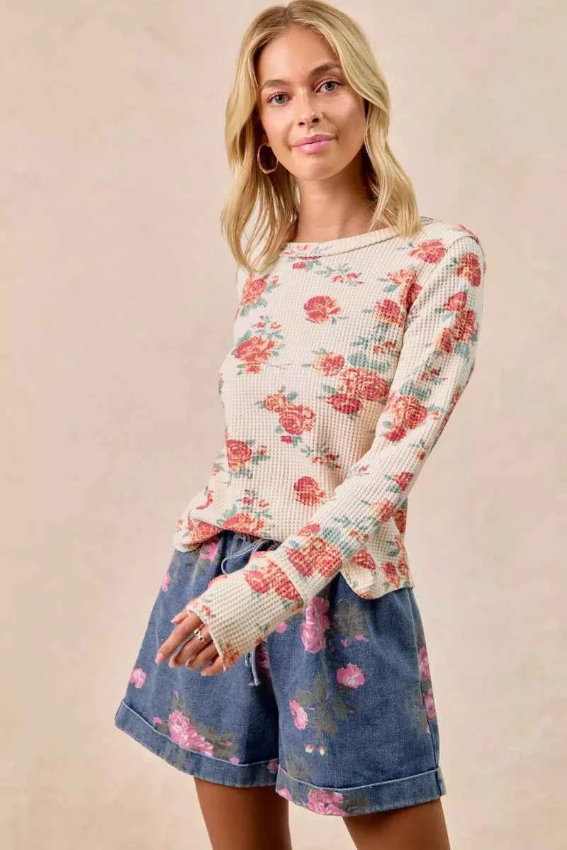 BiBi Floral Print Washed Waffle Thermal Top With Thumb BiBi Floral Print Washed Waffle Thermal Top With Thumb
