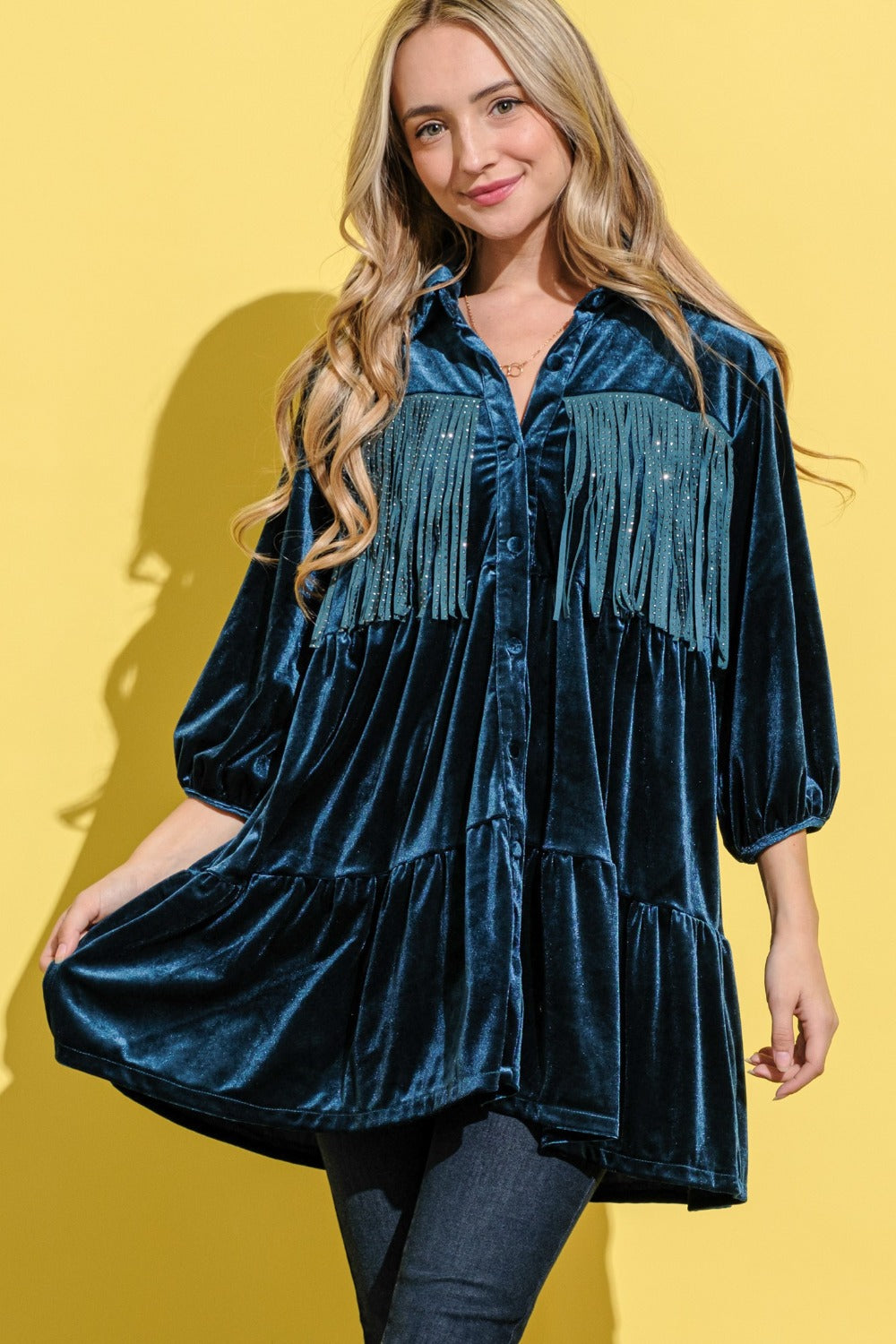 And The Why Fringe Detailed Velvet Shirt Dress And The Why Fringe Detailed Velvet Shirt Dress - TopFashionHQ