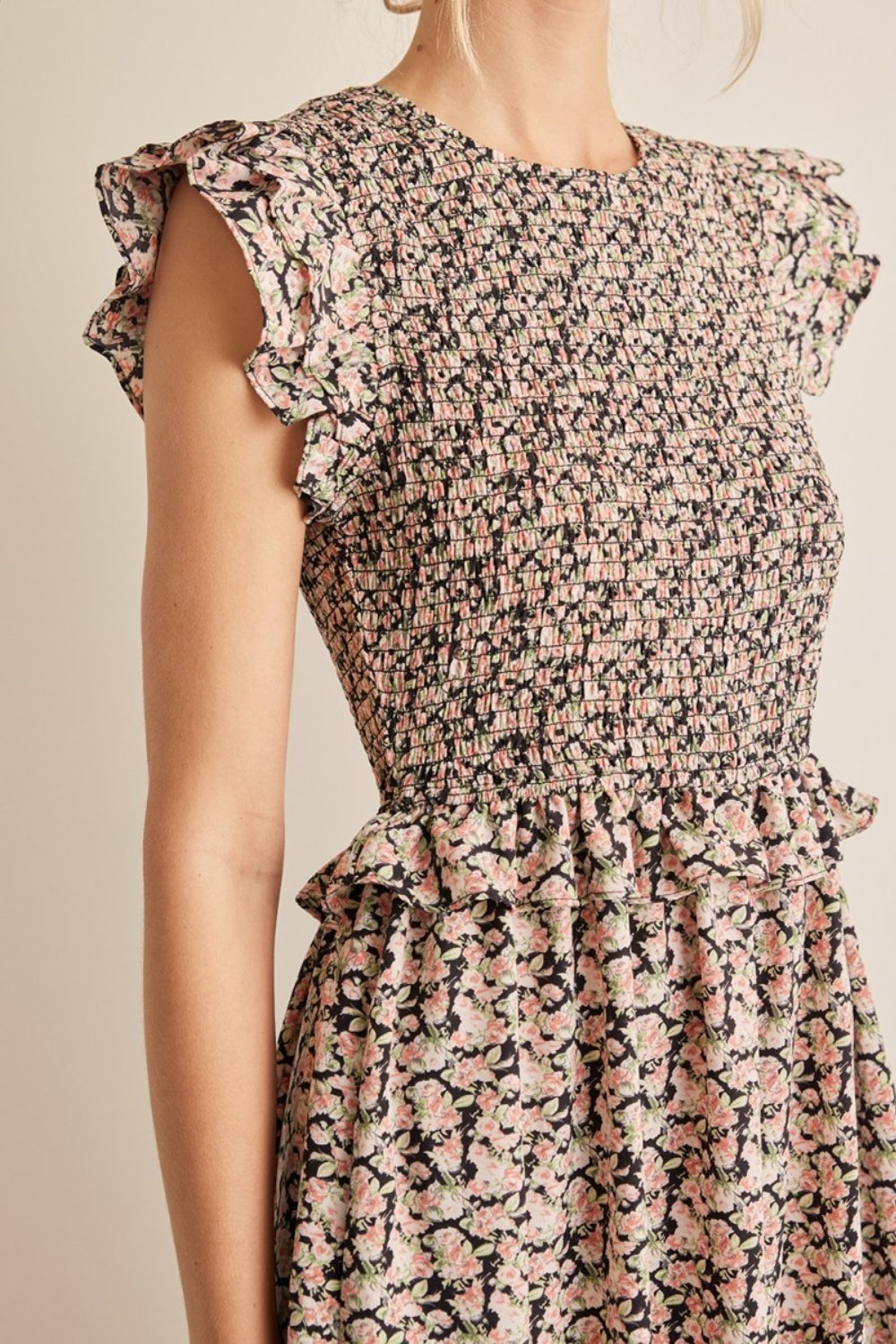 In February Floral Smocked Ruffled Midi Dress In February Floral Smocked Ruffled Midi Dress - TopFashionHQ