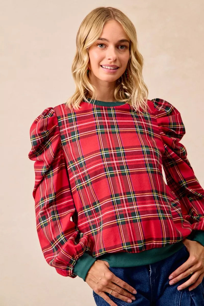 BiBi Christmas Plaid Exaggerated Shoulder Sleeves Top 97a57c6ace364eb6904b3718d53da792-Max-Origin
