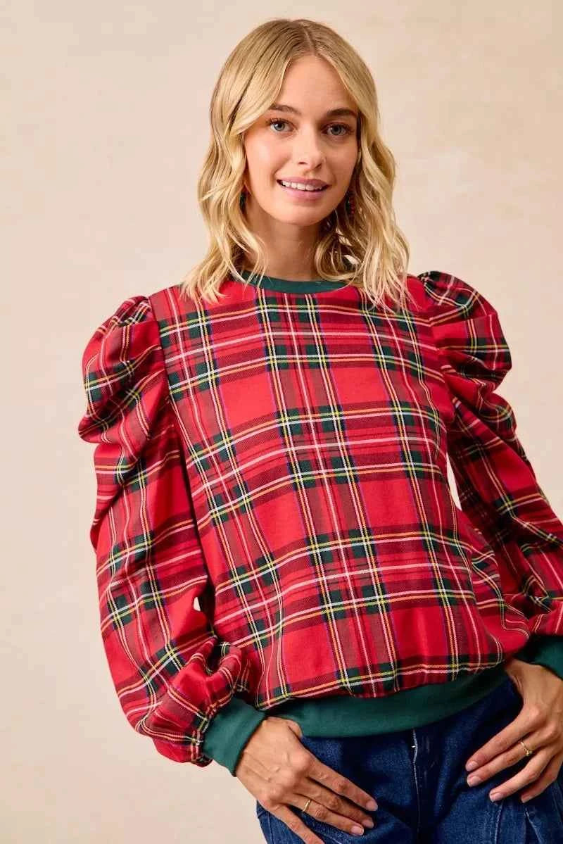 BiBi Christmas Plaid Exaggerated Shoulder Sleeves Top BiBi Christmas Plaid Exaggerated Shoulder Sleeves Top