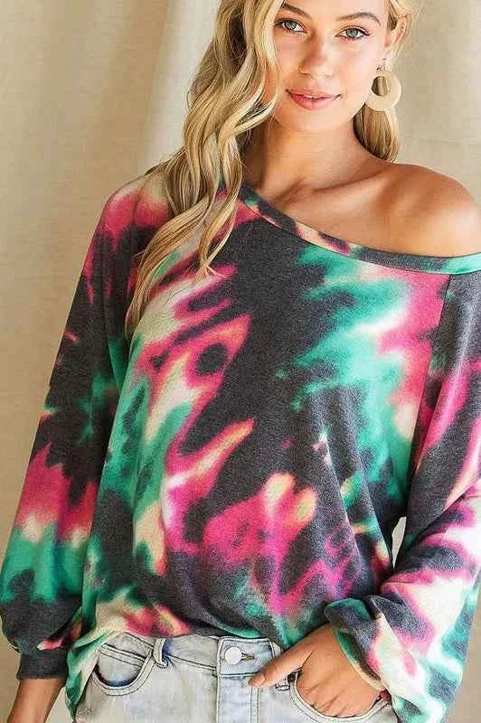 BiBi Tie Dye Print Terry Top with Puff Sleeves BiBi Tie Dye Print Terry Top with Puff Sleeves