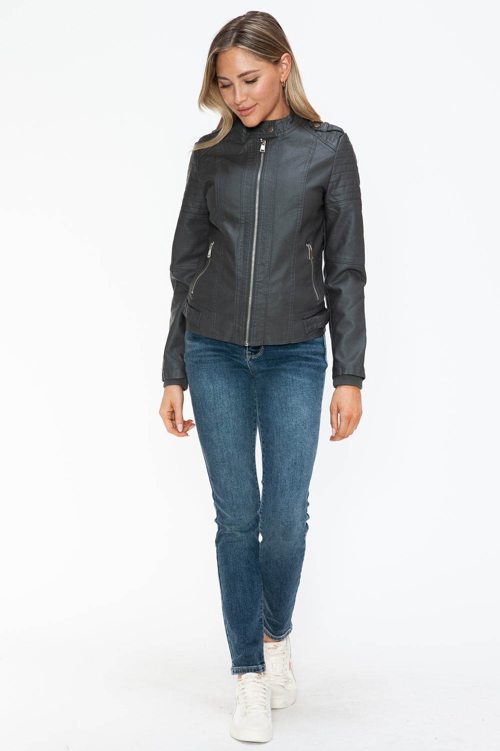 Snobbish PU Leather Biker Jacket with Side Zip Pockets Snobbish PU Leather Biker Jacket with Side Zip Pockets - TopFashionHQ