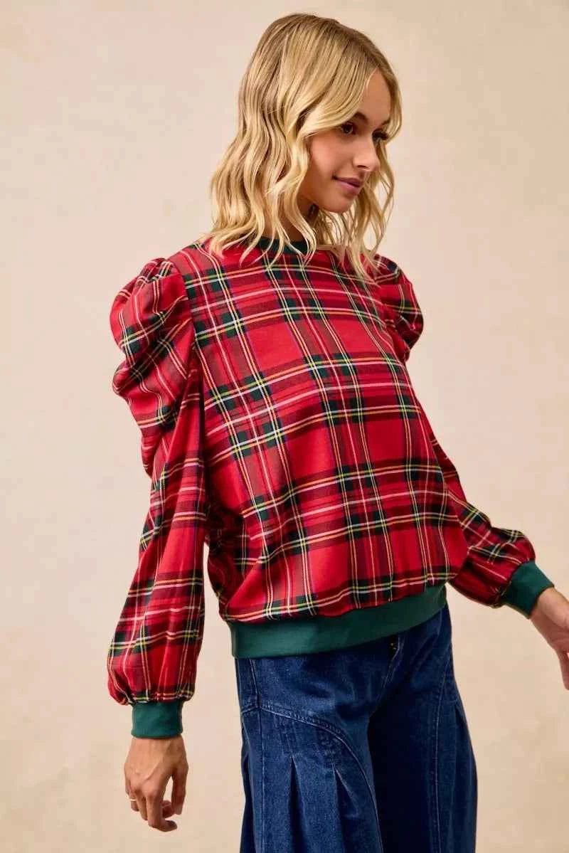 BiBi Christmas Plaid Exaggerated Shoulder Sleeves Top BiBi Christmas Plaid Exaggerated Shoulder Sleeves Top