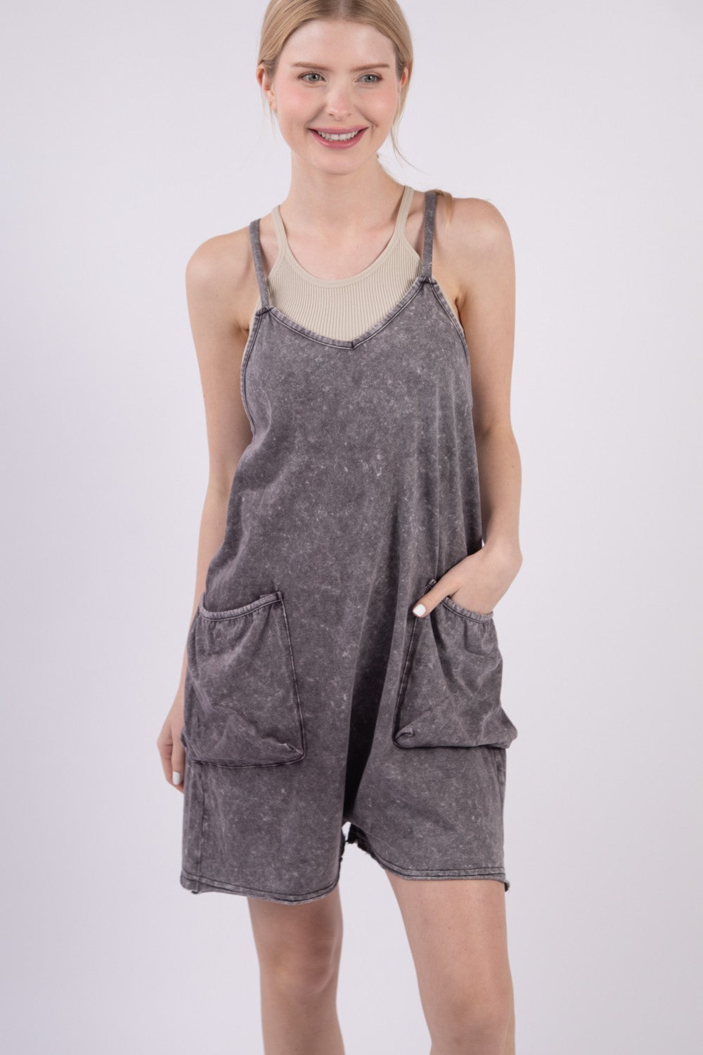 VERY J V-Neck Sleeveless Washed Romper VERY J V-Neck Sleeveless Washed Romper - TopFashionHQ