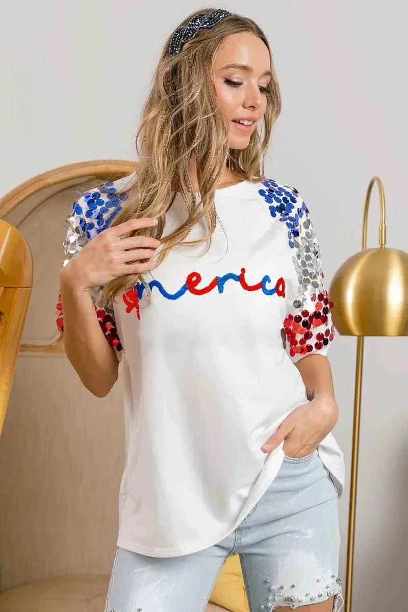 BiBi America Letter Applique Spangle Puff Sleeves Top BiBi America Letter Applique Spangle Puff Sleeves Top