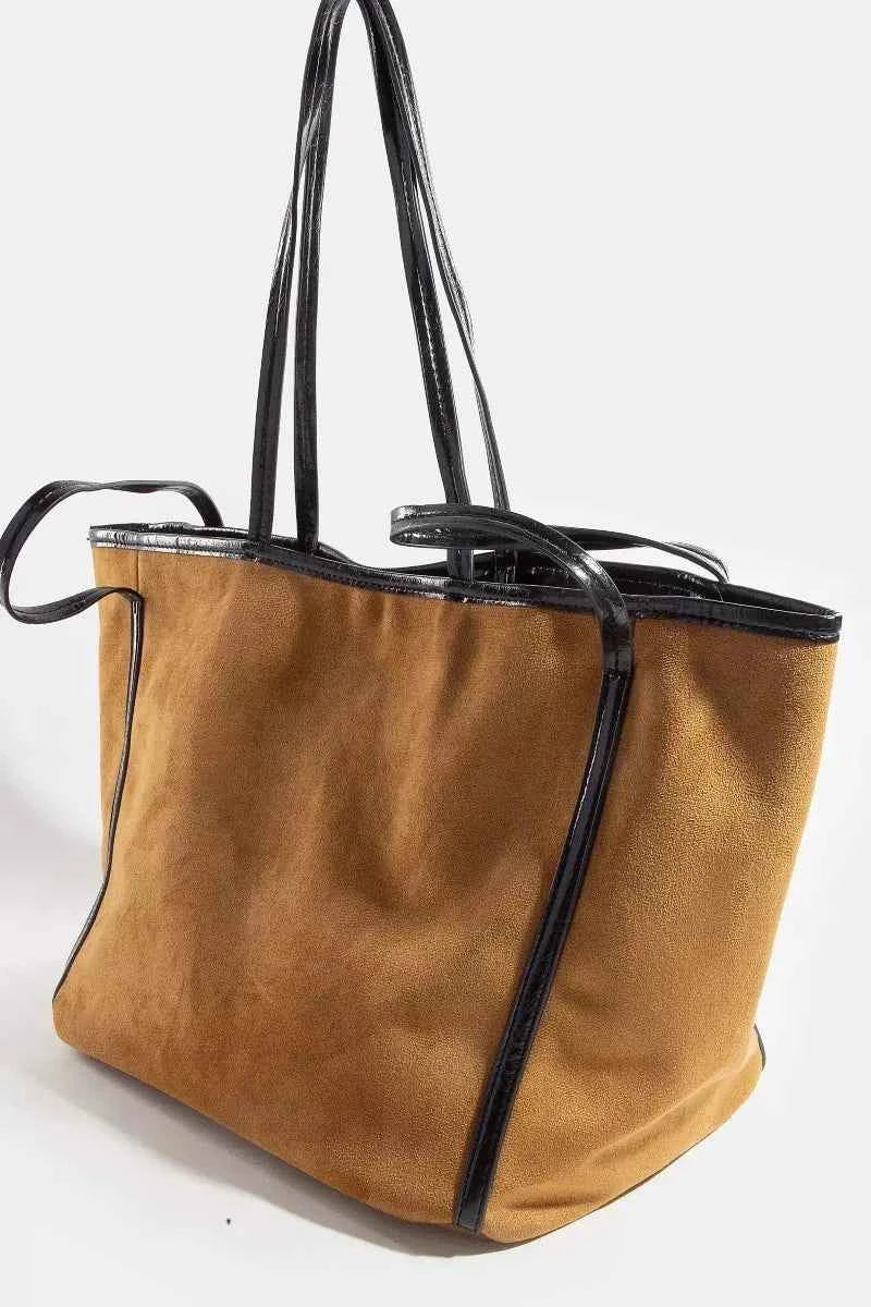 Fame Suede Tote Faux Leather Trim Shoulder Strap Fame Suede Tote Faux Leather Trim Shoulder Strap