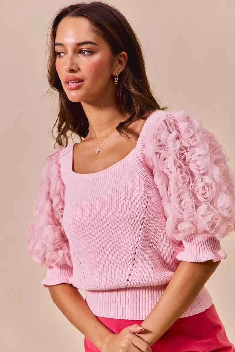 SO ME Rosette Sleeves Square Neck Sweater Knit Top SO ME Rosette Sleeves Square Neck Sweater Knit Top