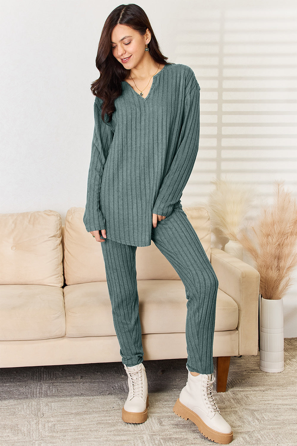 Basic Bae Full Size Notched Long Sleeve Top and Pants Set Basic Bae Full Size Notched Long Sleeve Top and Pants Set - TopFashionHQ