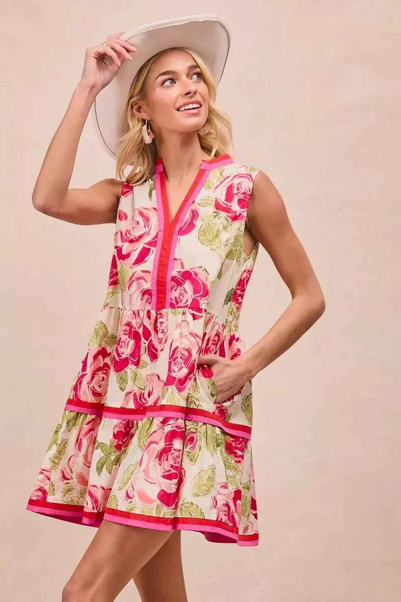 BiBi Floral Woven Contrast Edge Tiered Ruffle Mini Dress BiBi Floral Woven Contrast Edge Tiered Ruffle Mini Dress