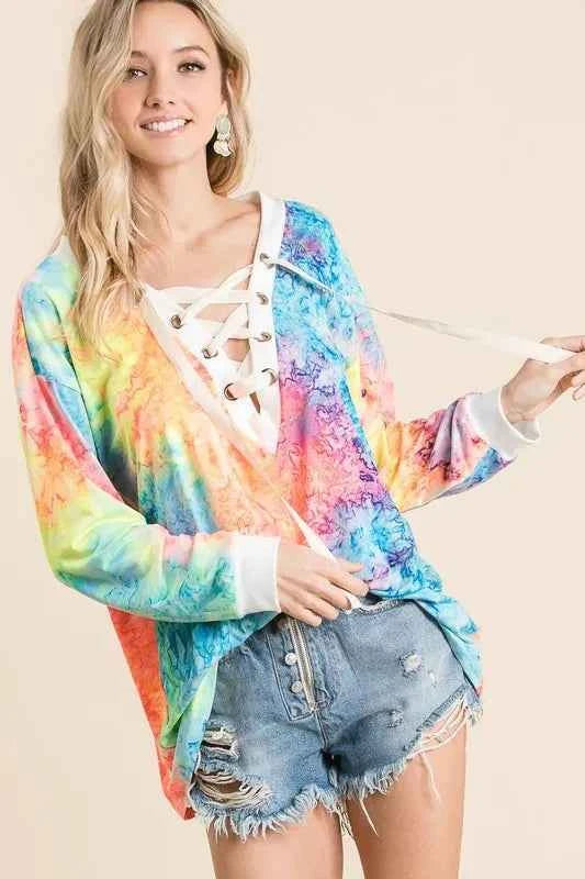 BiBi Tie Dye Deep V-neck Top With Lace Up Front BiBi Tie Dye Deep V-neck Top With Lace Up Front