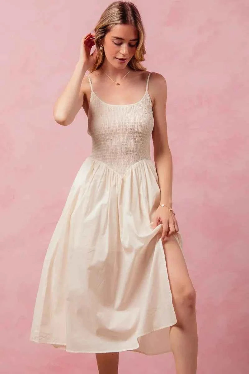 SO ME Smocked Sleeveless Casual Everyday Dress With Slit SO ME Smocked Sleeveless Casual Everyday Dress With Slit