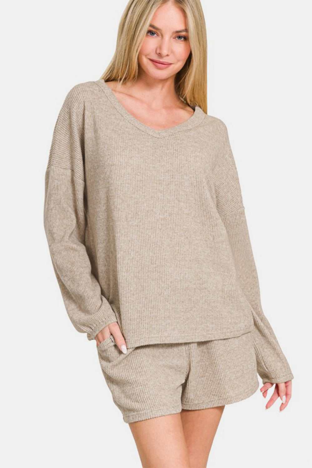 Zenana V-Neck Long Sleeve Ribbed Top and Shorts Set Zenana V-Neck Long Sleeve Ribbed Top and Shorts Set - TopFashionHQ