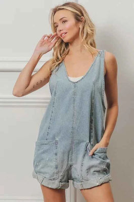 BiBi Folded Hem Vintage Washed Denim Overalls