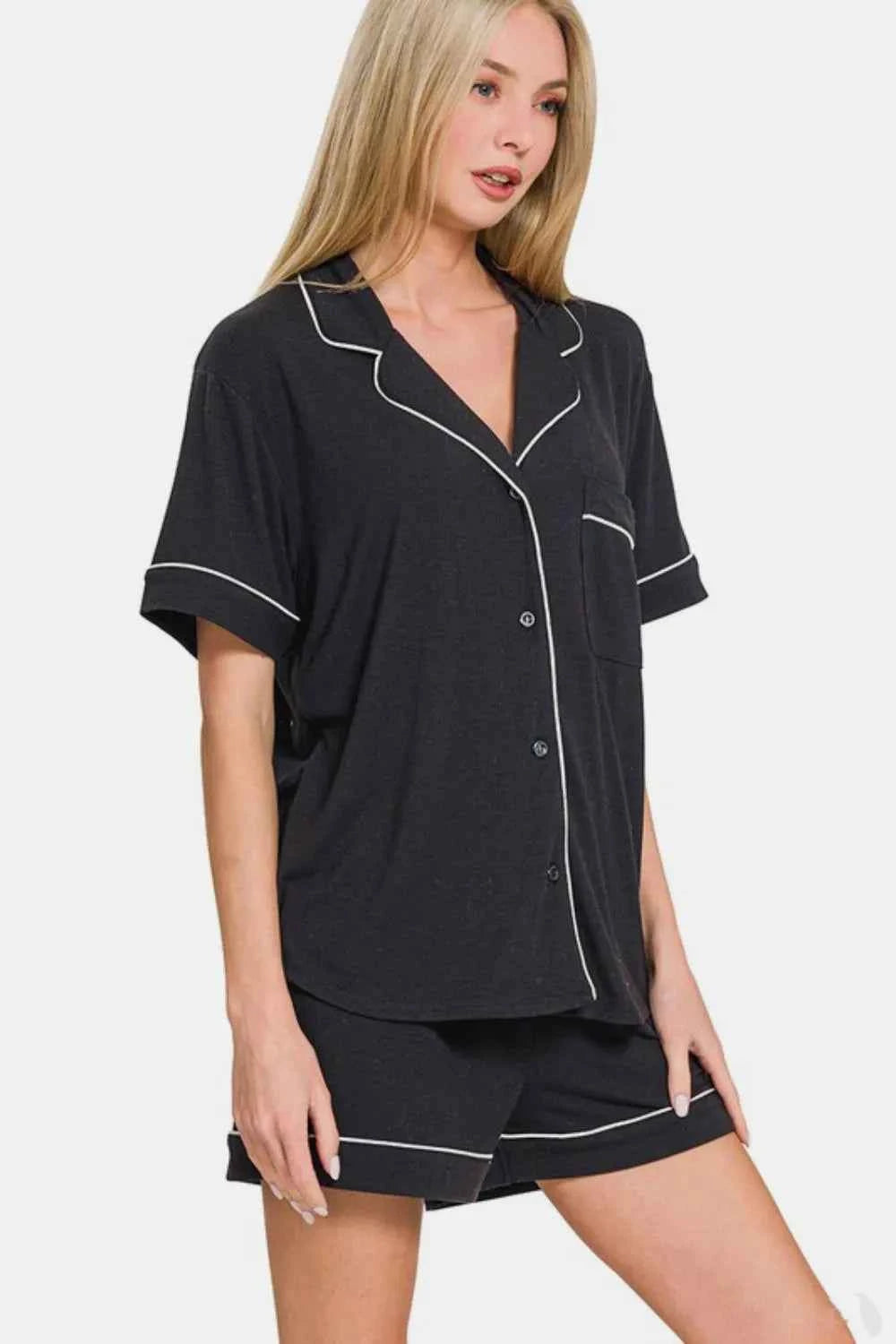 Zenana Button Down Short Sleeve Top and Shorts Lounge Set Zenana Button Down Short Sleeve Top and Shorts Lounge Set