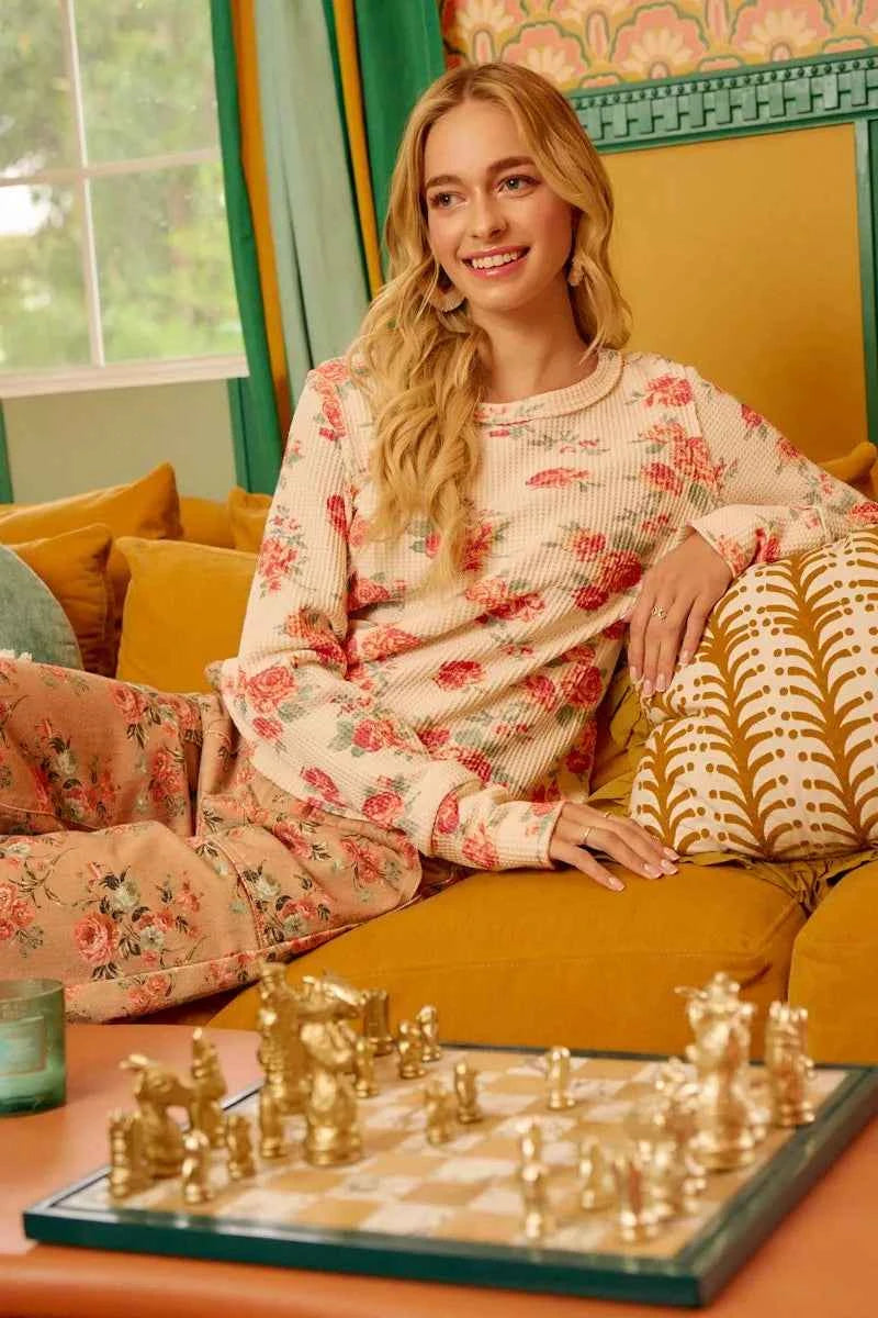 BiBi Floral Print Washed Waffle Thermal Top With Thumb BiBi Floral Print Washed Waffle Thermal Top With Thumb