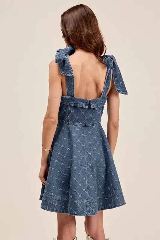 SO ME A Line Fit and Flare Diamond Bow Ribbon Denim Dres SO ME A Line Fit and Flare Diamond Bow Ribbon Denim Dres
