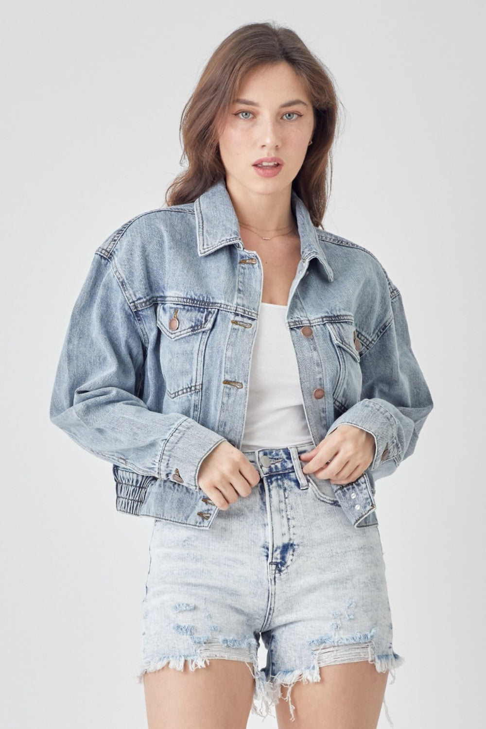 RISEN Full Size Button Down Cropped Denim Jacket RISEN Full Size Button Down Cropped Denim Jacket - TopFashionHQ