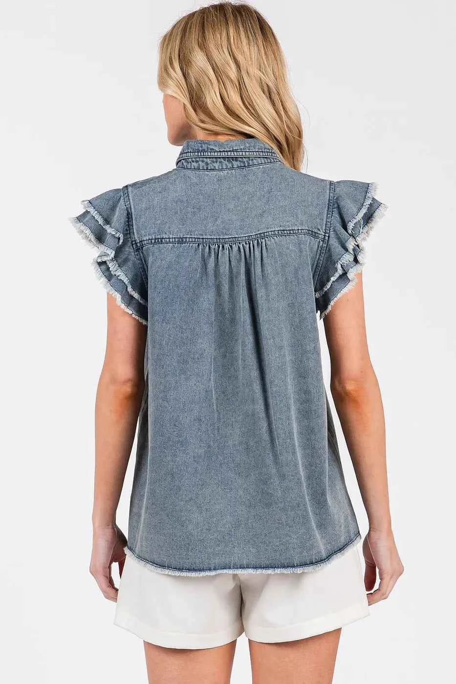 Mittoshop Washed Denim Ruffle Short Sleeve Collared Shirt Mittoshop Washed Denim Ruffle Short Sleeve Collared Shirt