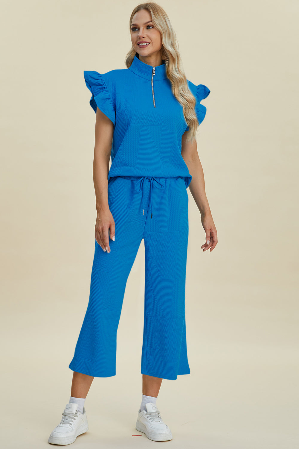 Double Take Full Size Texture Ruffle Short Sleeve Top and Wide Leg Pants Set Double Take Full Size Texture Ruffle Short Sleeve Top and Wide Leg Pants Set