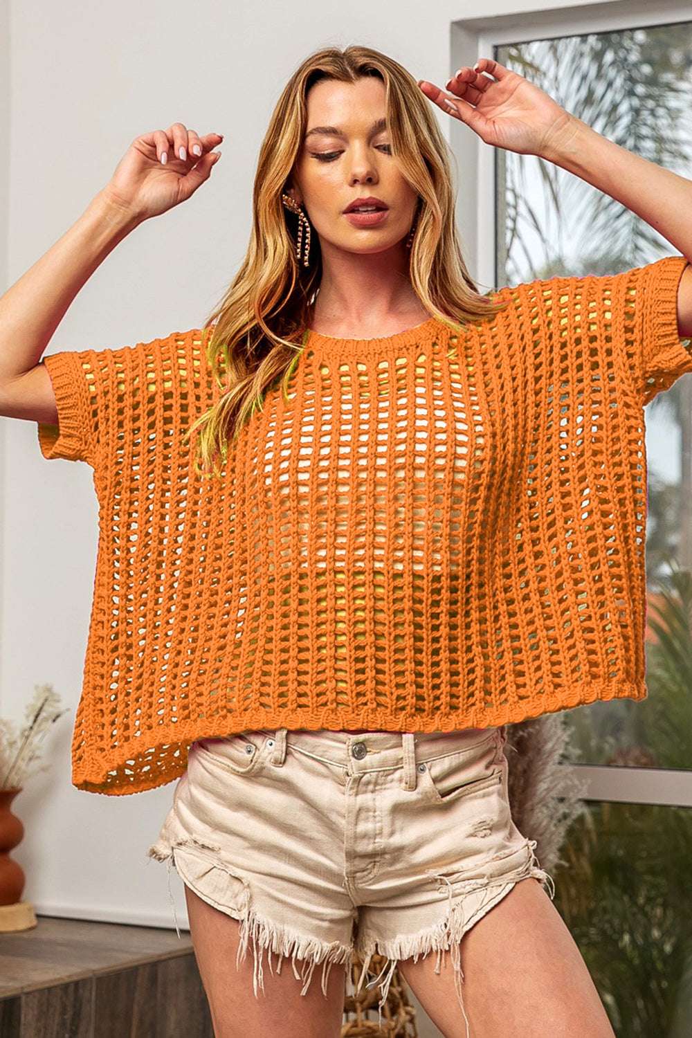 BiBi Hollowed Out Short Sleeve Knit Cover Up BiBi Hollowed Out Short Sleeve Knit Cover Up - TopFashionHQ