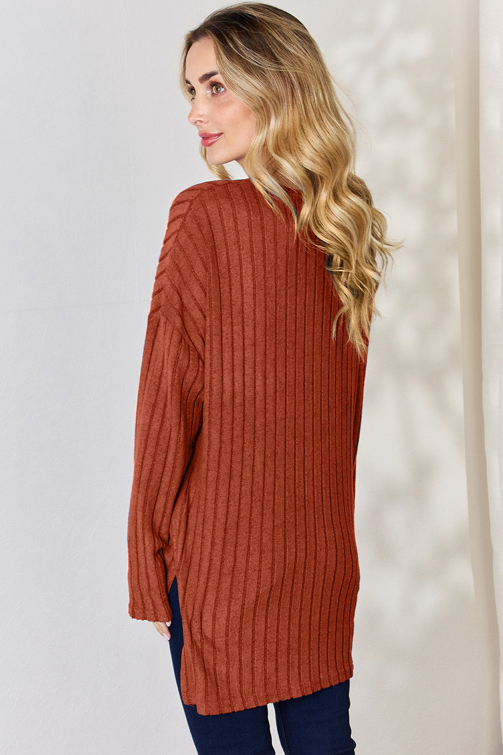 Basic Bae Full Size Ribbed Half Button Long Sleeve High-Low T-Shirt Basic Bae Full Size Ribbed Half Button Long Sleeve High-Low T-Shirt - TopFashionHQ
