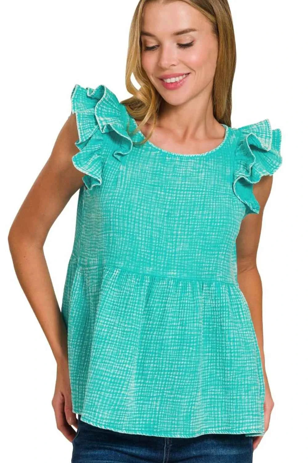 Zenana Double Gauze Acid Washed Tiered Ruffle Peplum Top Zenana Double Gauze Acid Washed Tiered Ruffle Peplum Top