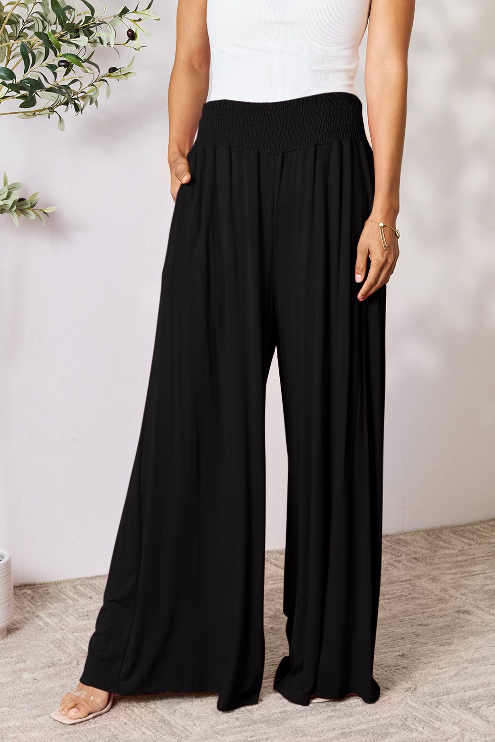 Double Take Full Size Smocked Wide Waistband Wide Leg Pants Double Take Full Size Smocked Wide Waistband Wide Leg Pants - TopFashionHQ