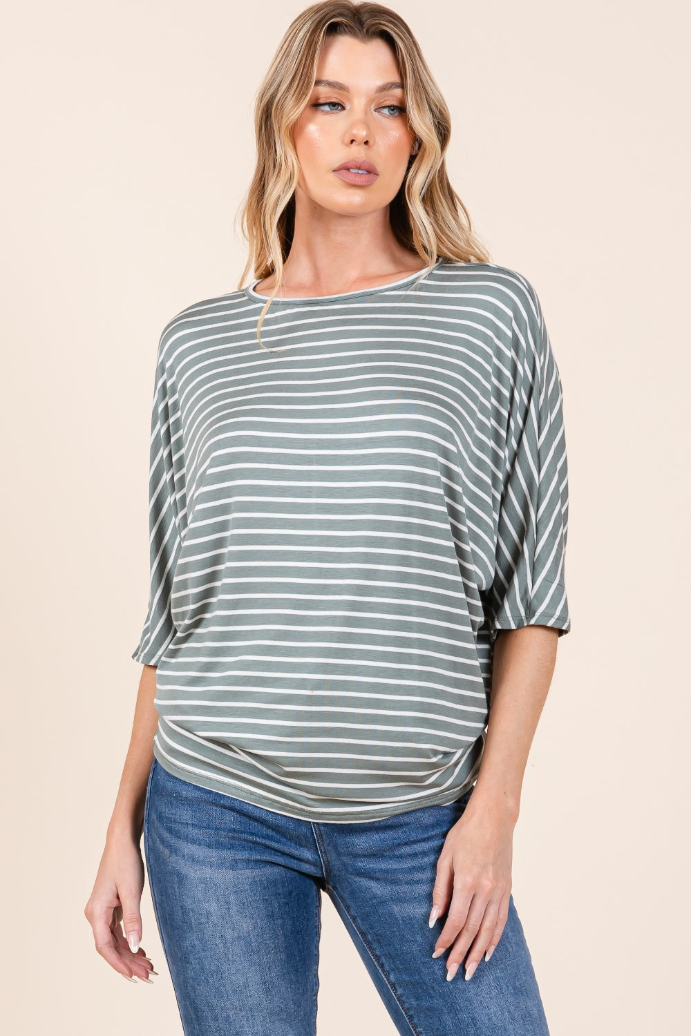 BOMBOM Striped Boat Neck Dolman Sleeve Top BOMBOM Striped Boat Neck Dolman Sleeve Top - TopFashionHQ