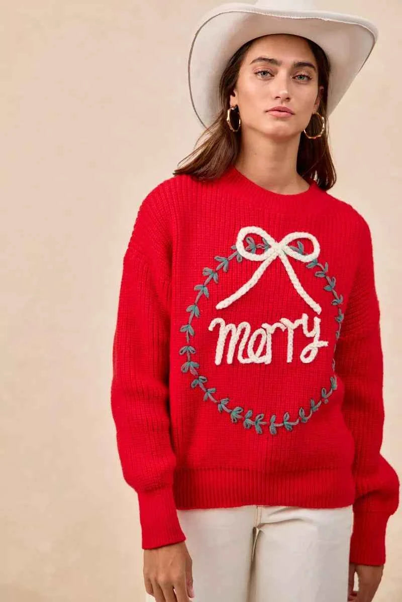 BiBi Christmas Wreath Merry Letter Knit Top BiBi Christmas Wreath Merry Letter Knit Top