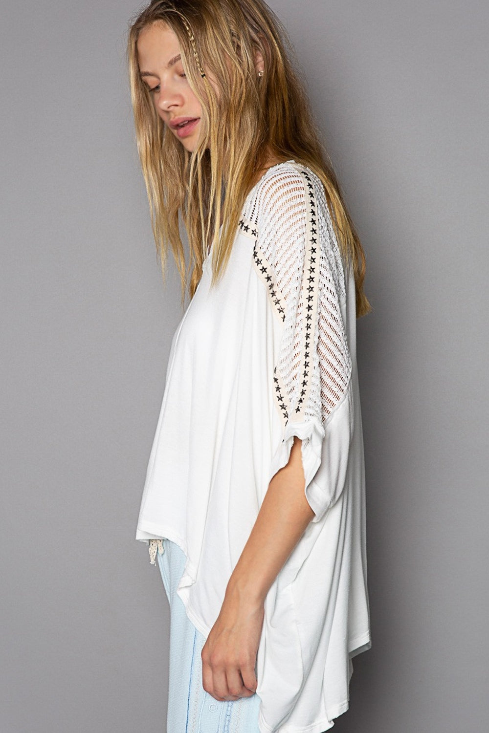 POL Oversize V-Neck Crochet Lace Contrast Studded Top POL Oversize V-Neck Crochet Lace Contrast Studded Top - TopFashionHQ