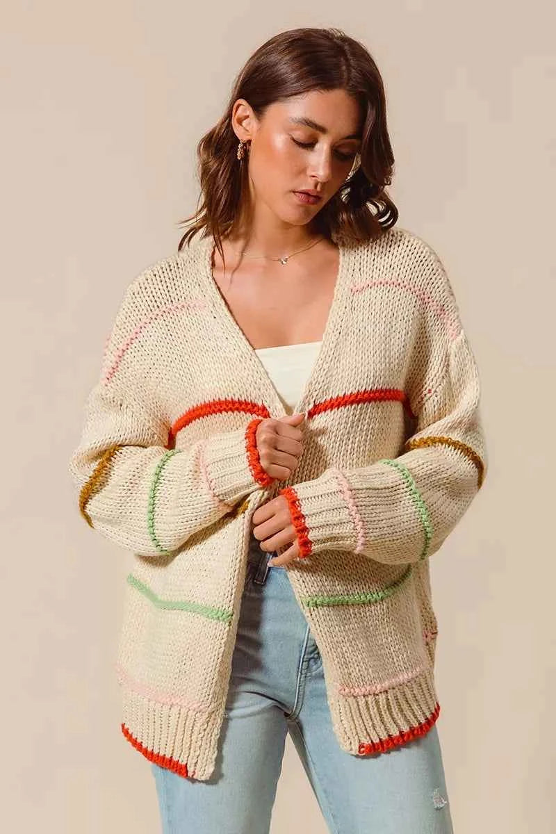 SO ME Loose Fit Multi Stripe Open Front Cardigan SO ME Loose Fit Multi Stripe Open Front Cardigan
