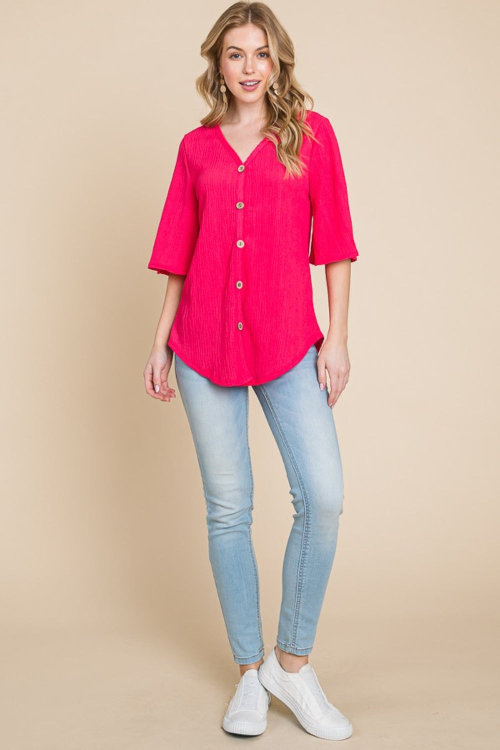 BOMBOM Texture Decorative Button V-Neck Top BOMBOM Texture Decorative Button V-Neck Top - TopFashionHQ
