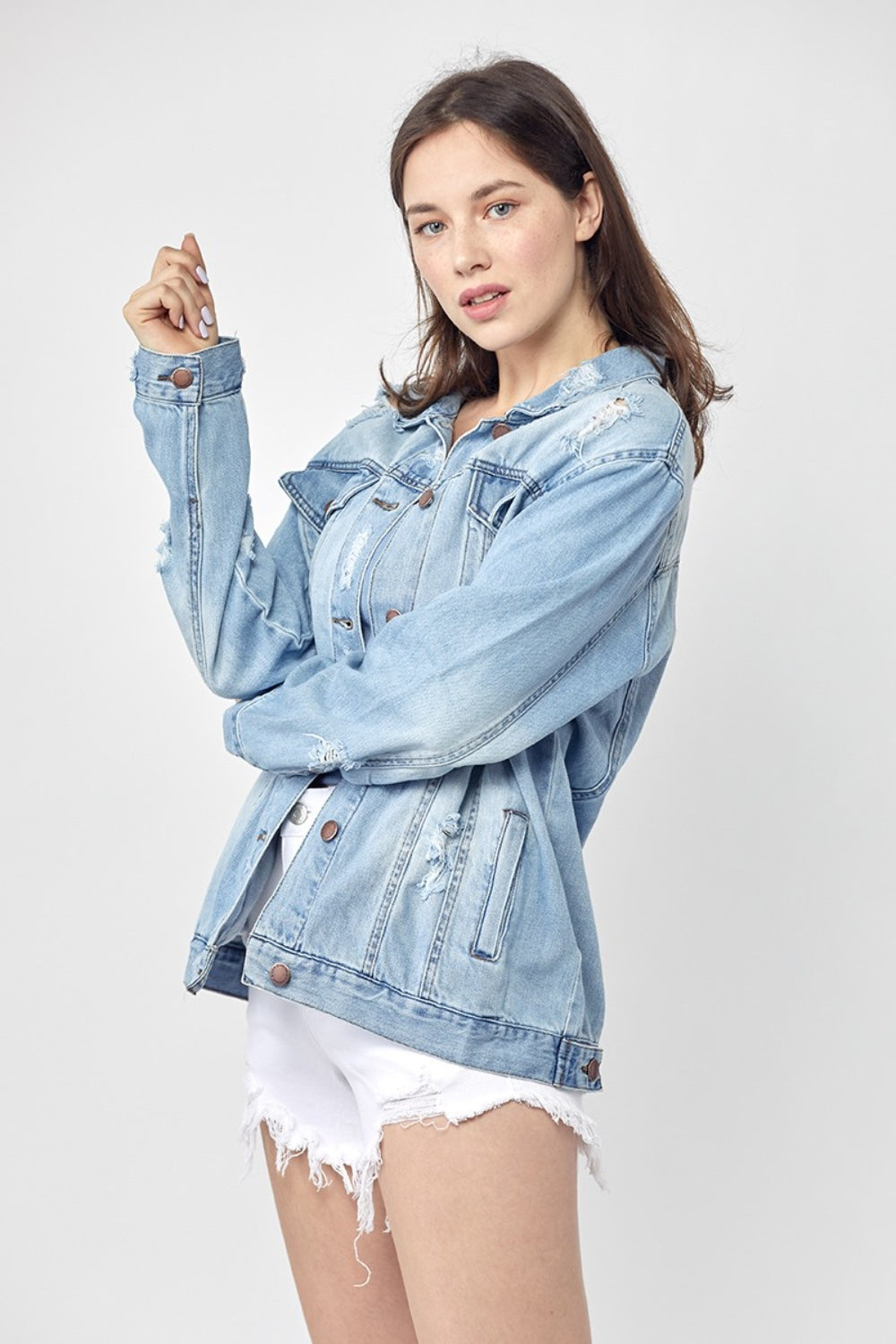 RISEN Full Size Distressed Long Sleeve Denim Jacket RISEN Full Size Distressed Long Sleeve Denim Jacket - TopFashionHQ