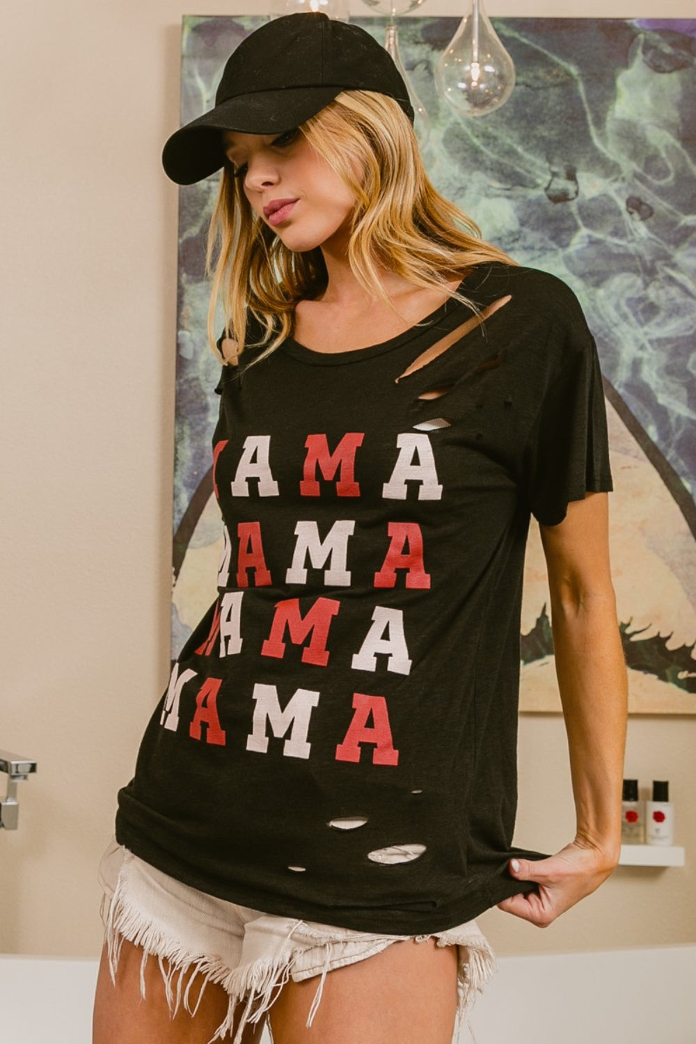 BiBi MAMA Graphic Distressed Short Sleeve T-Shirt BiBi MAMA Graphic Distressed Short Sleeve T-Shirt - TopFashionHQ