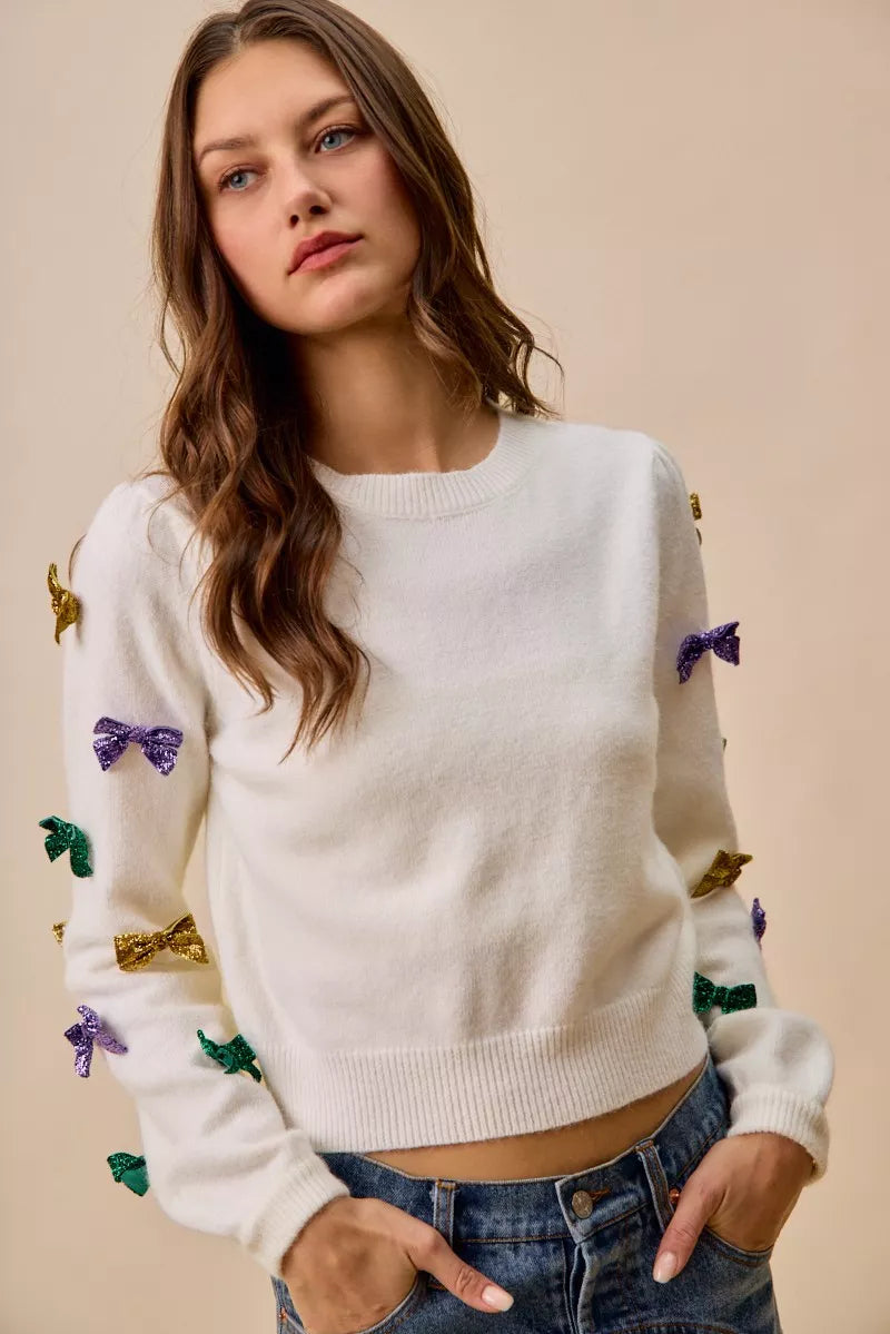 SO ME Mardi Gras Glitter Bow Ribbon Sweater Knit Top 99e1548e444b4a14b380478ec3723016-Max-Origin