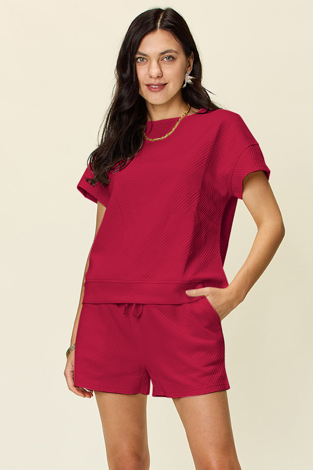Double Take Full Size Texture Short Sleeve T-Shirt and Drawstring Shorts Set Double Take Full Size Texture Short Sleeve T-Shirt and Drawstring Shorts Set