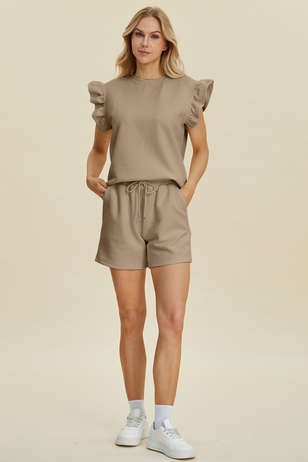 Double Take Full Size Texture Round Neck Ruffle Sleeve Top and Shorts Set Double Take Full Size Texture Round Neck Ruffle Sleeve Top and Shorts Set