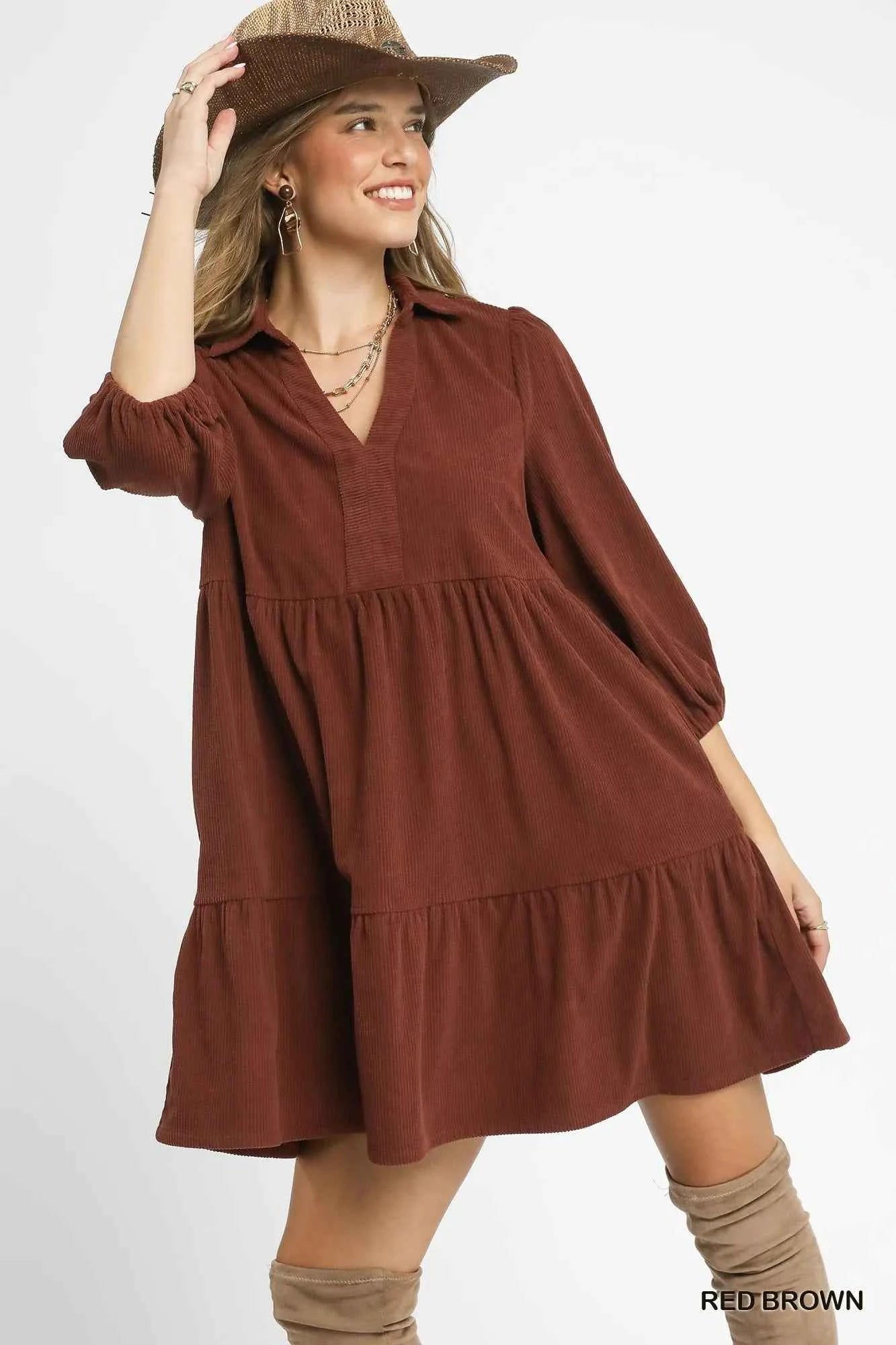 Umgee Tiered Corduroy Mini Dress with Balloon Sleeves Umgee Tiered Corduroy Mini Dress with Balloon Sleeves
