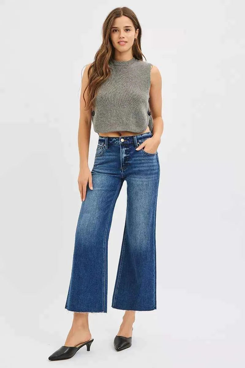 RISEN Full Size Mid Rise Crop Wide Raw Cut Hem Jeans Plus Size RISEN Full Size Mid Rise Crop Wide Raw Cut Hem Jeans Plus Size