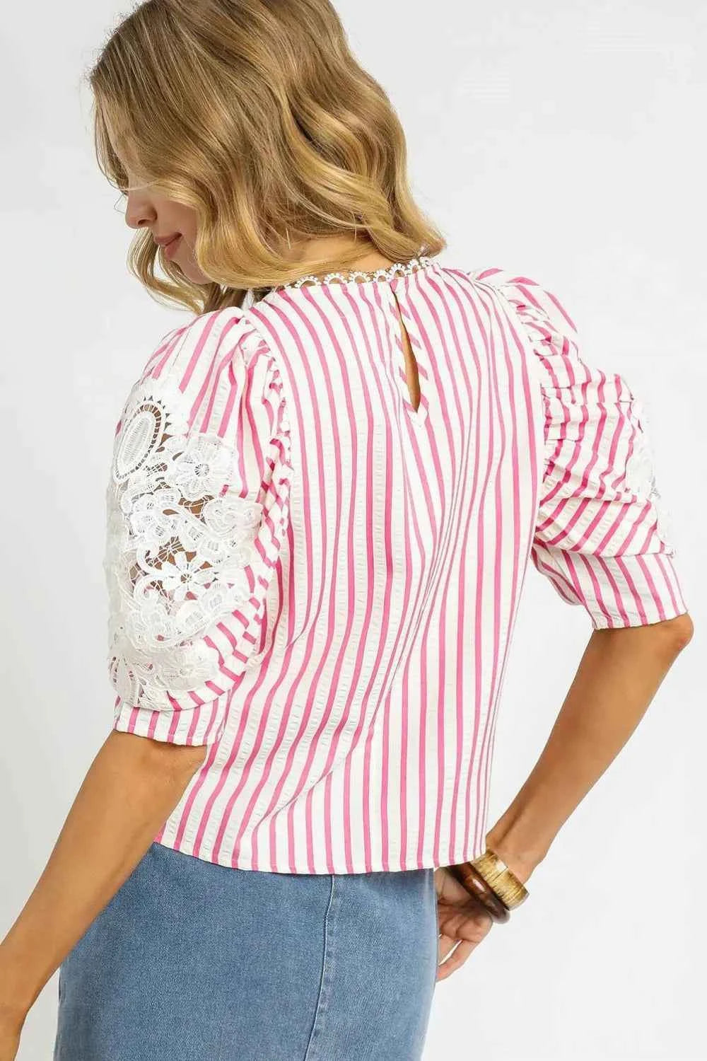 Umgee Striped Lace Puff Sleeve Blouse Umgee Striped Lace Puff Sleeve Blouse