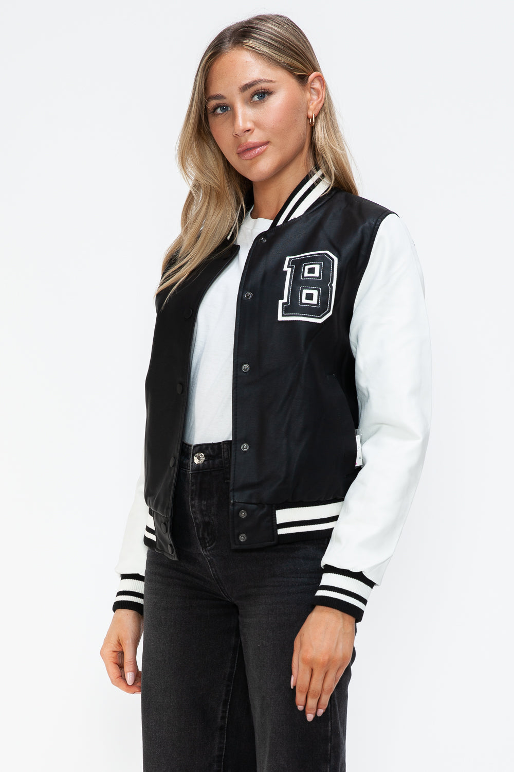 Love Me Now PU Leather Contrast Snap Down Bomber Jacket Love Me Now PU Leather Contrast Snap Down Bomber Jacket - TopFashionHQ