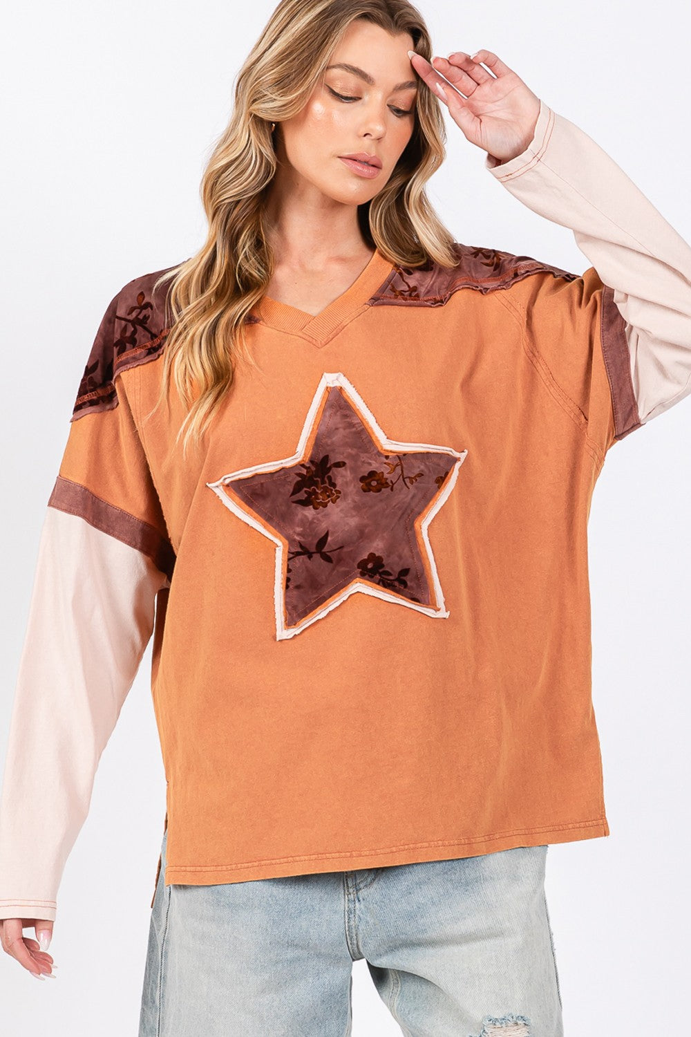 SAGE + FIG Star Patch Long Sleeve Color Block T-Shirt SAGE + FIG Star Patch Long Sleeve Color Block T-Shirt - TopFashionHQ