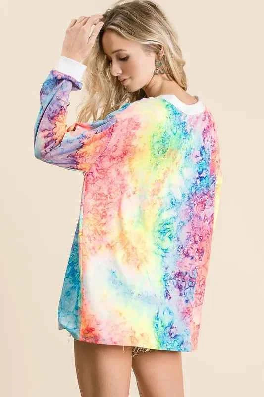 BiBi Tie Dye Deep V-neck Top With Lace Up Front BiBi Tie Dye Deep V-neck Top With Lace Up Front