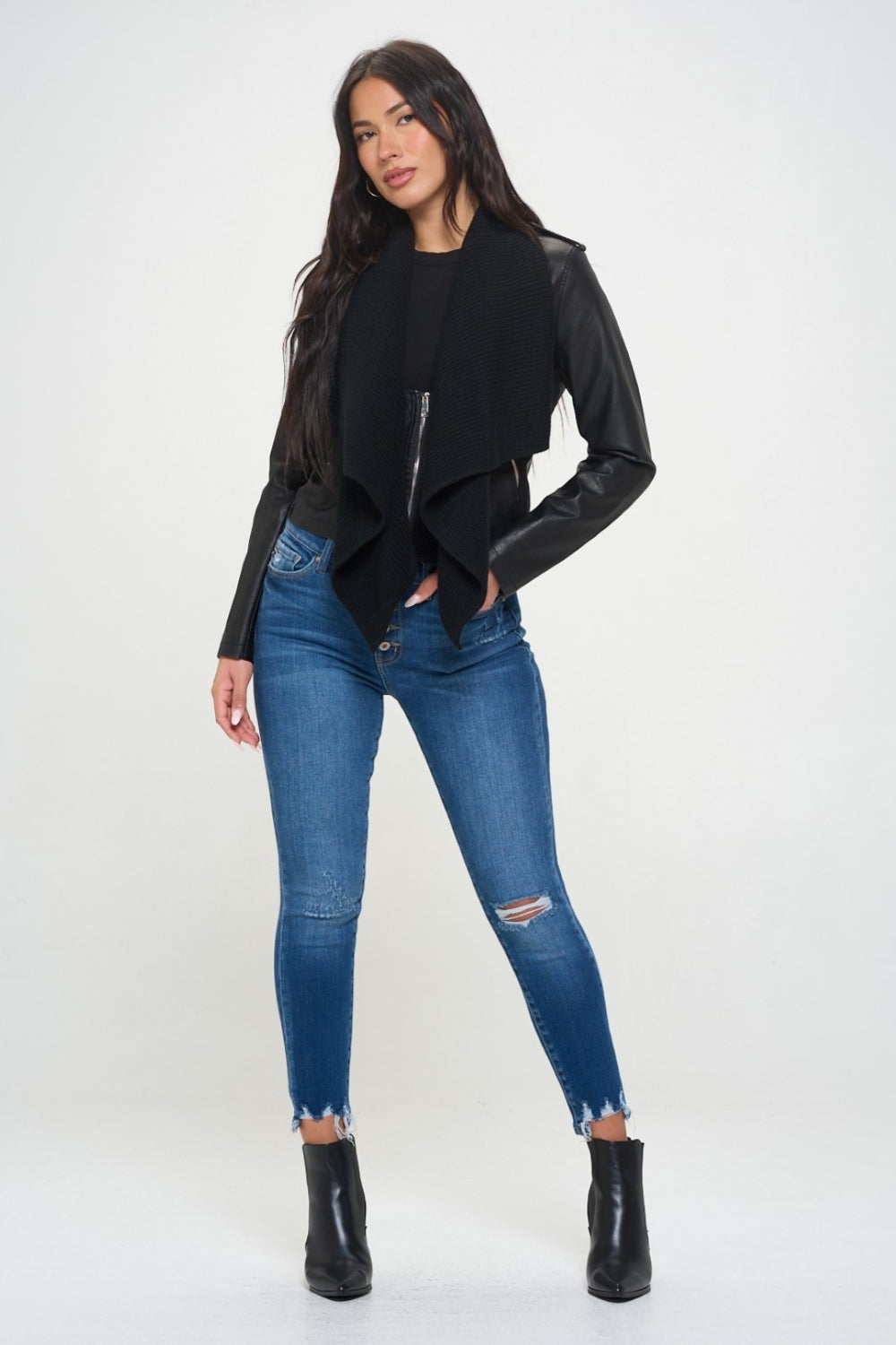 Coalition LA Knit Collared Faux Leather Crop Jacket Coalition LA Knit Collared Faux Leather Crop Jacket - TopFashionHQ