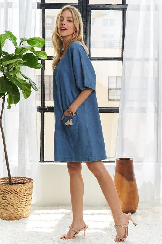 ADORA V-Neck Half Sleeve Mini Denim Dress 9b1e362b-6055-4bd8-b9e9-c2e6107db9eb-Max